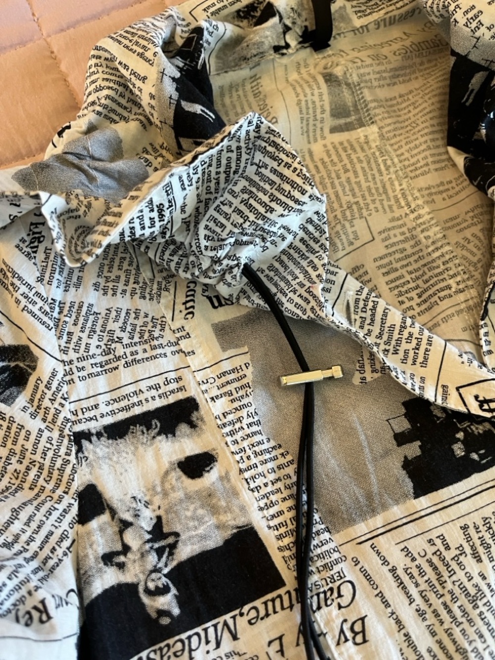 Unique 100% Cotton Newspaper Print Long Sleeve Button-up Dress - Black & White - Picture 4 of 12